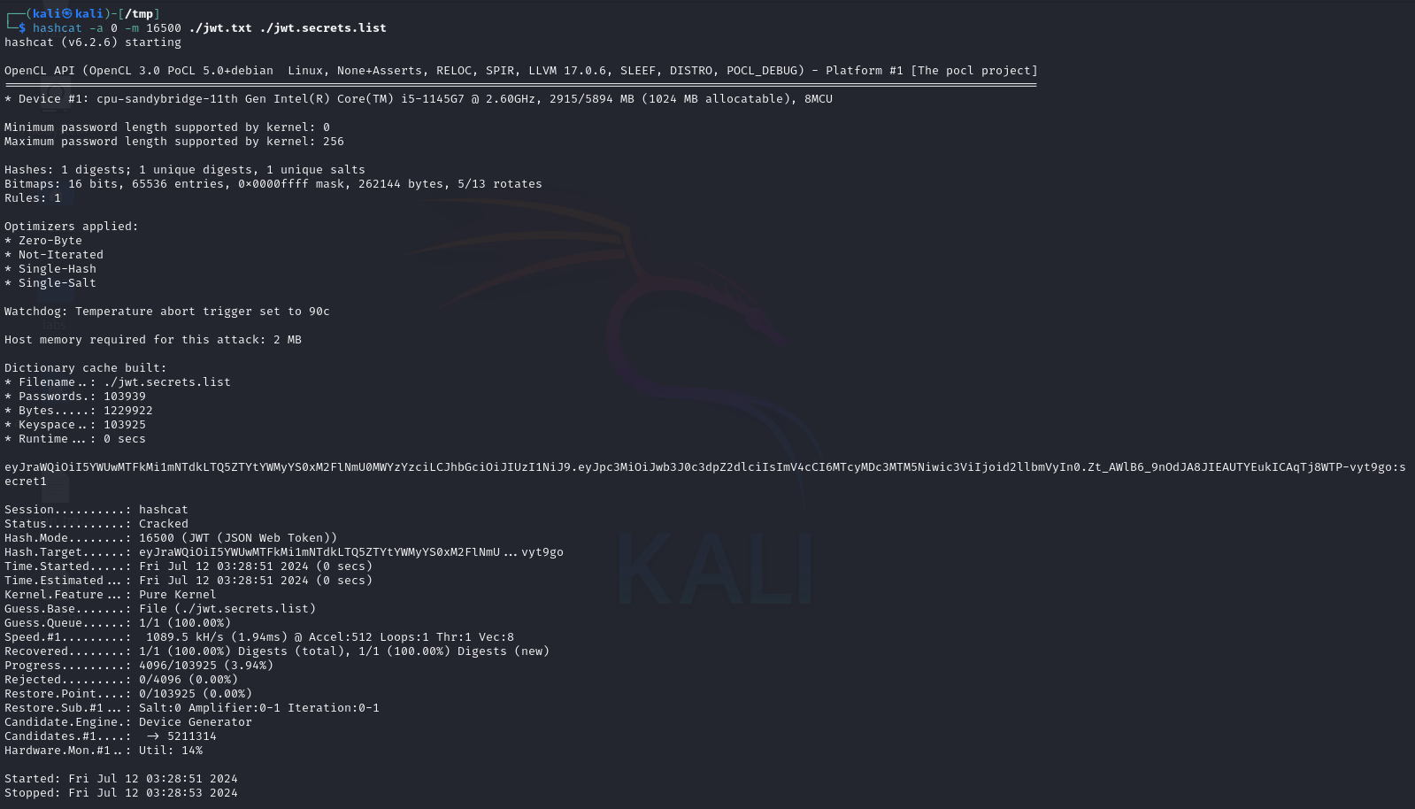 Результат выполнения hashcat