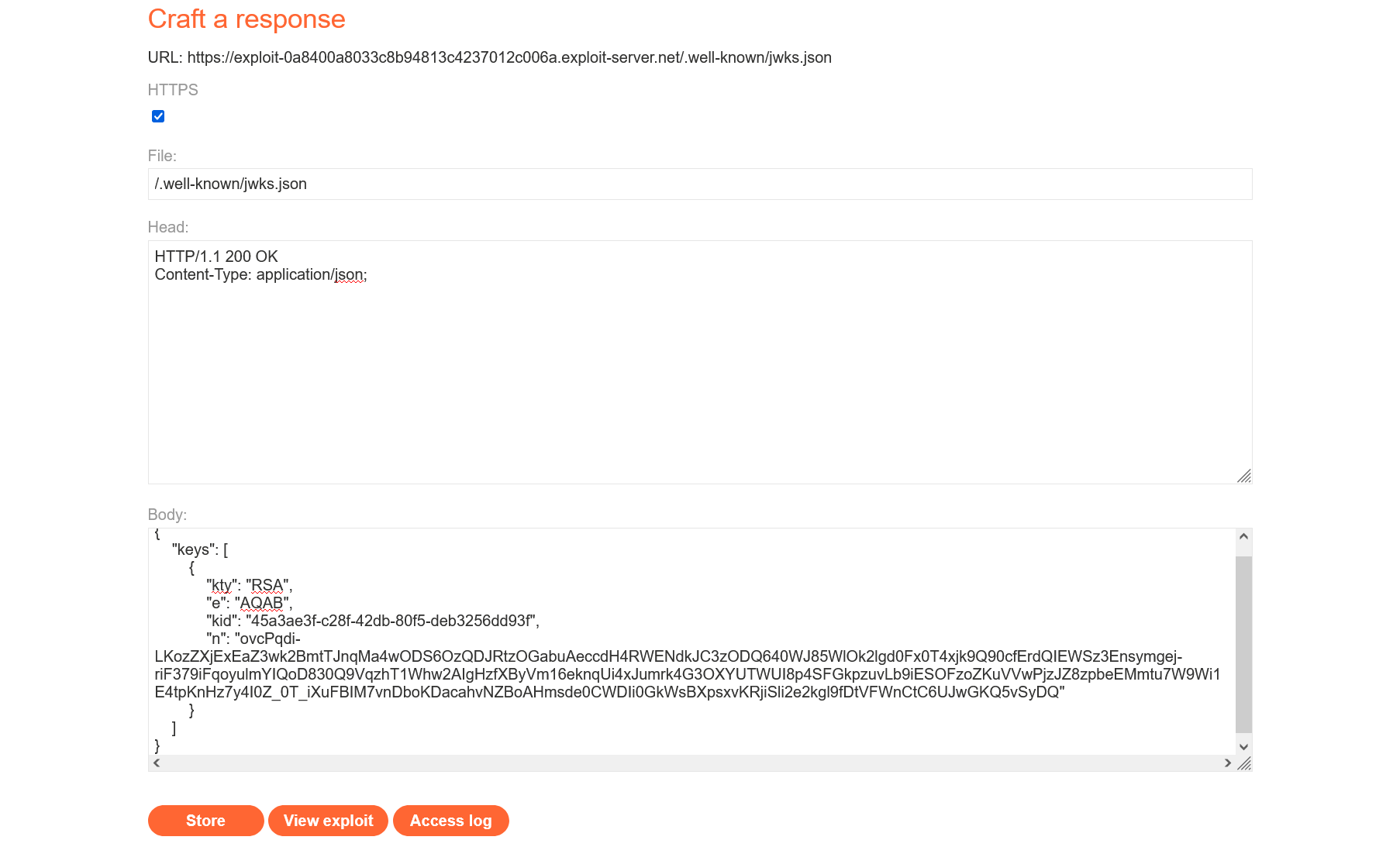 Страница Exploit Server с нашими публичными ключами