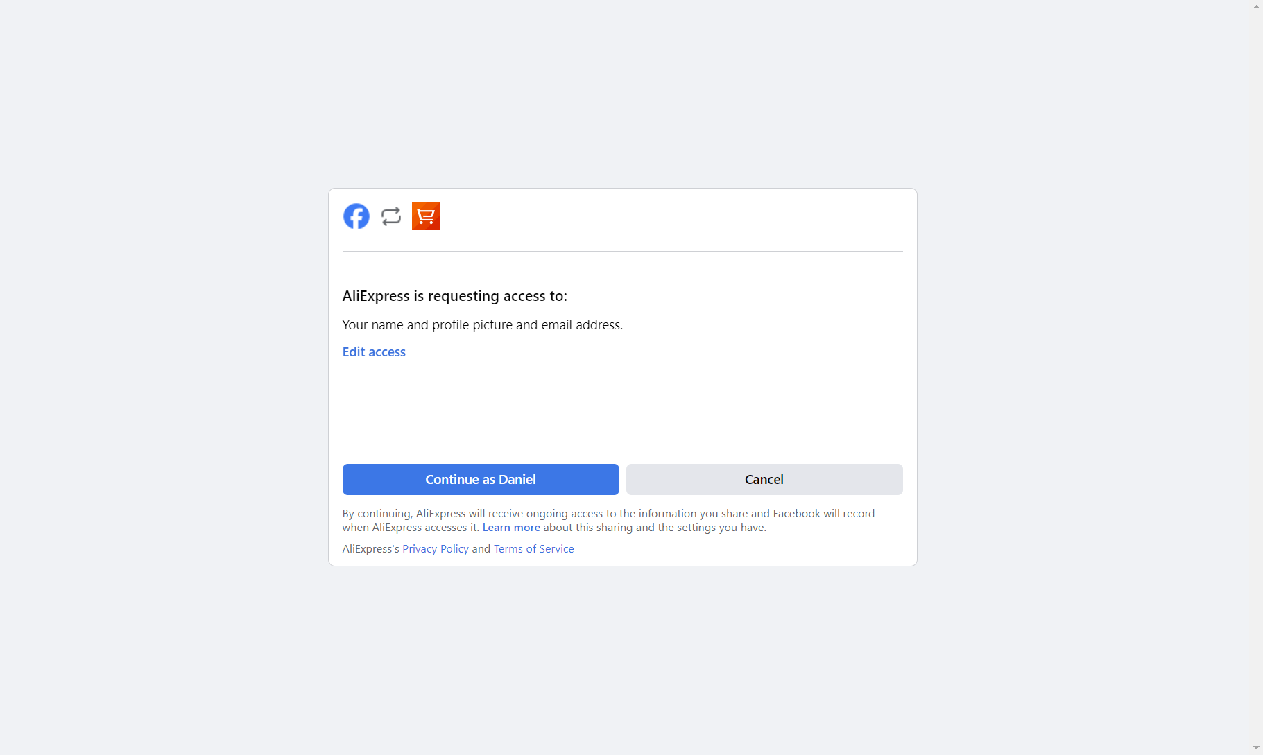Пример окна согласия при входе через Facebook Пример окна согласия при входе через Facebook