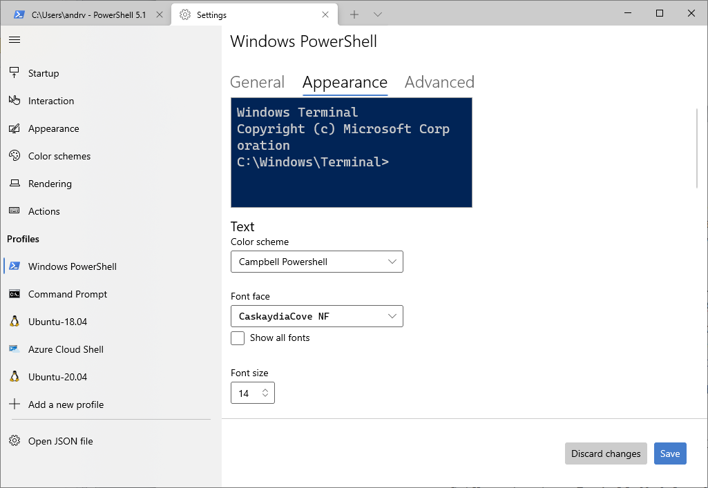 Настройка шрифта для профиля PowerShell в терминале Windows Настройка шрифта для профиля PowerShell в терминале Windows