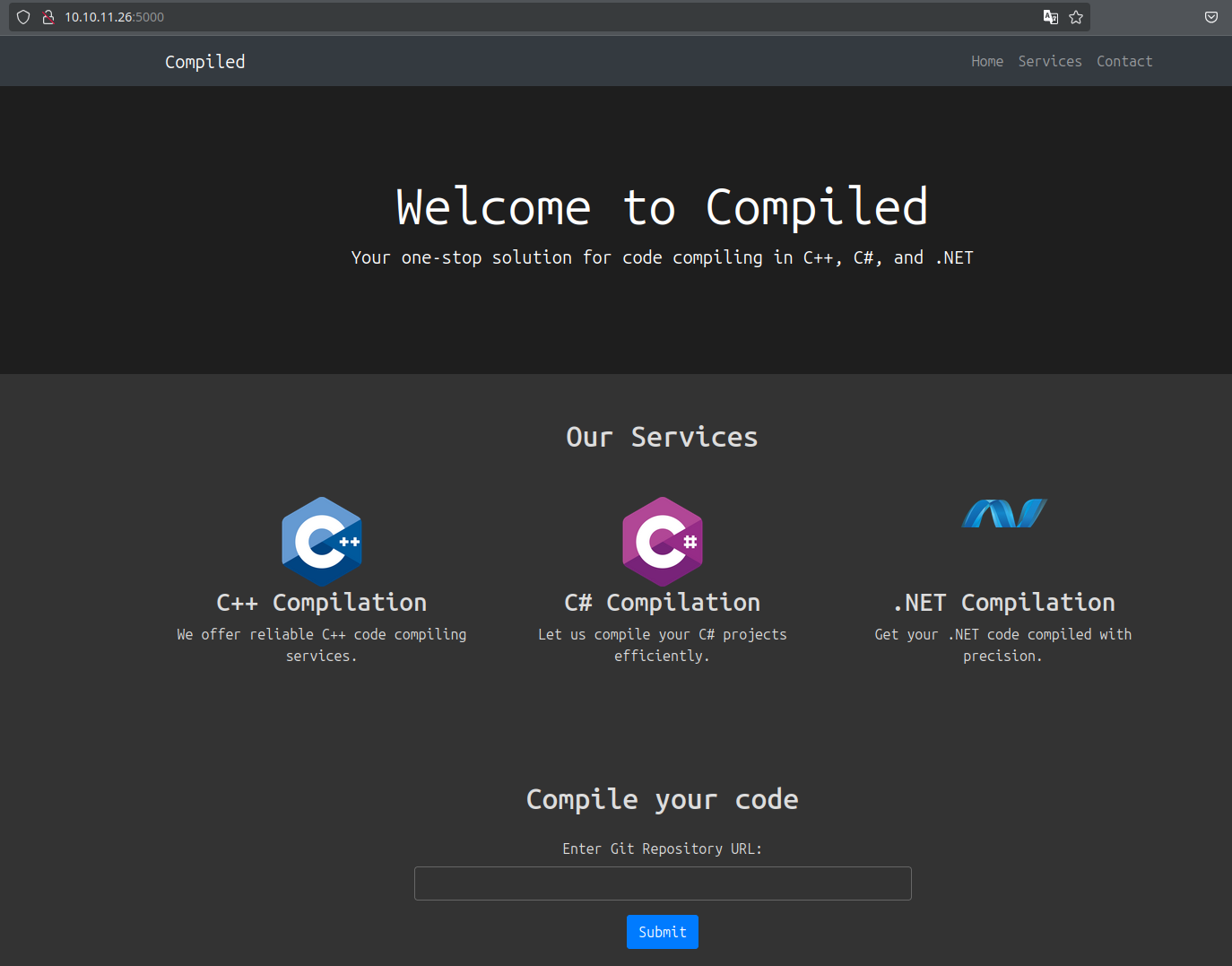 Главная страница сайта compiled.htb:5000 Главная страница сайта compiled.htb:5000